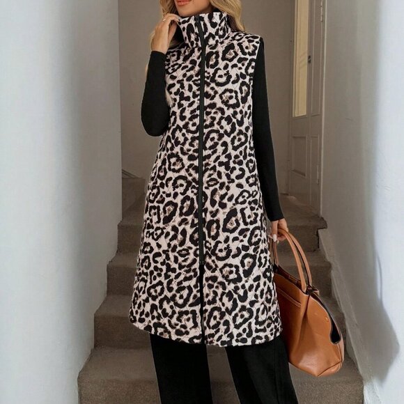 Casual Women's Leopard print Zip up Long Vest Jacket With Pockets - Picture 1 of 6